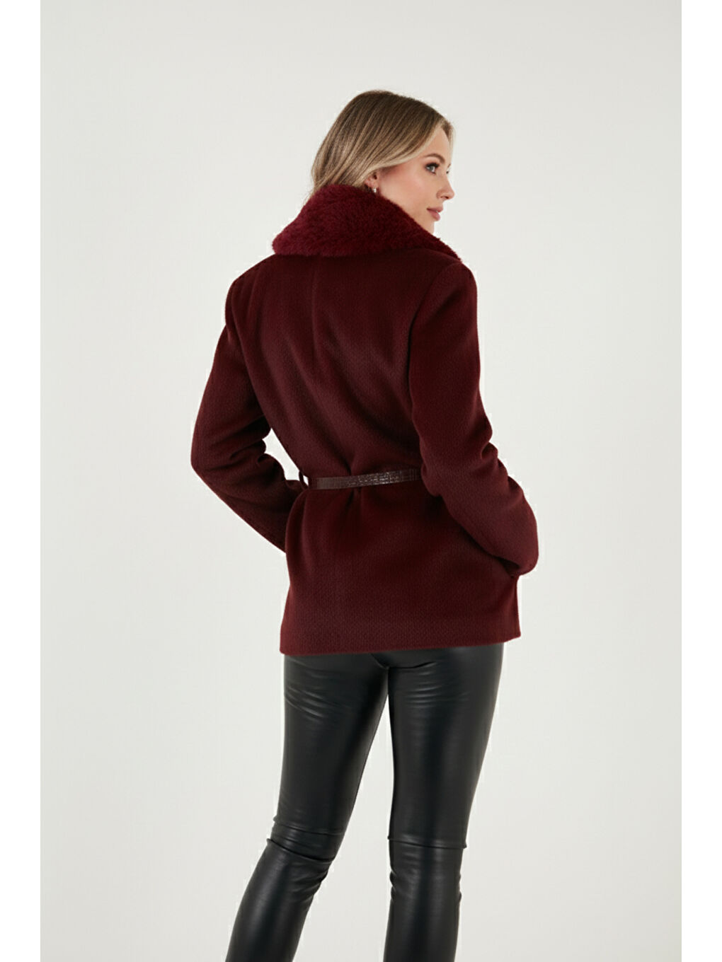 Bordo Regular Fit Şal Yaka Kemerli Kadın Kaban 6839688-3