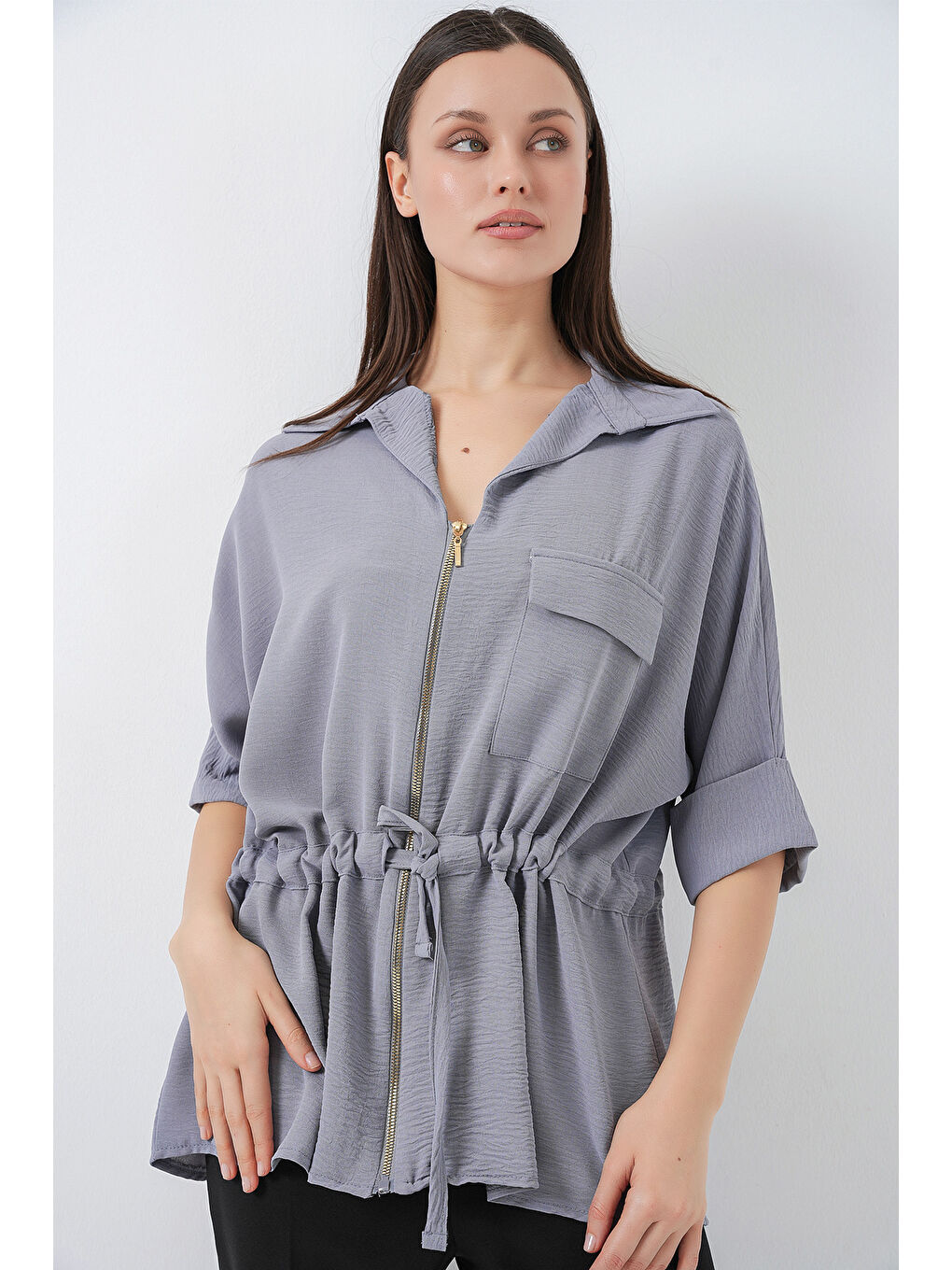 Fermuarlı Kadın Gömlek 0721 - Gri-3