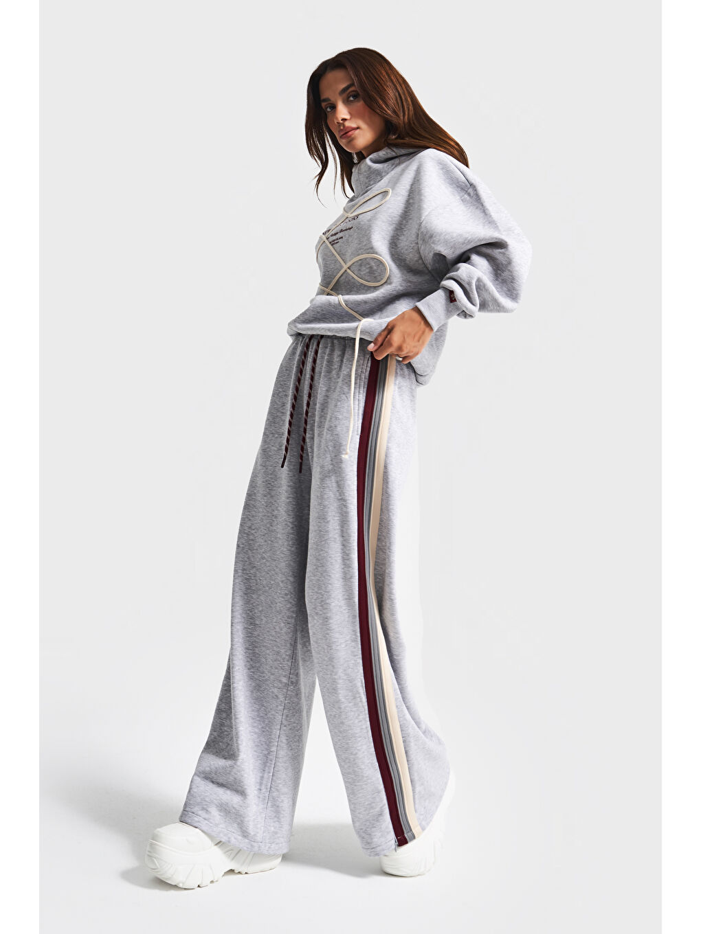 Kadın Gri Renk w5-107 Örme Kumaş Sweatshirt Alt Eşofman 2'li Kombin Tasarım Takım