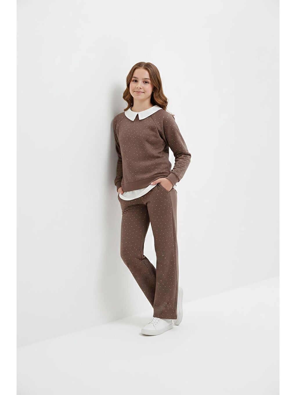 Kahverengi Taş Detaylı Pantolonlu Kız Çocuk 3lü Gömlekli Takım 23626-2
