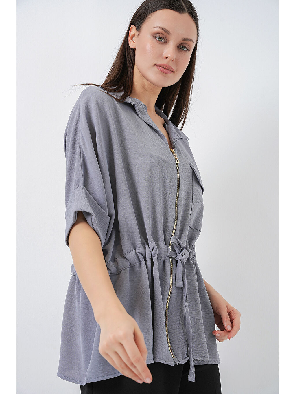 Fermuarlı Kadın Gömlek 0721 - Gri-4