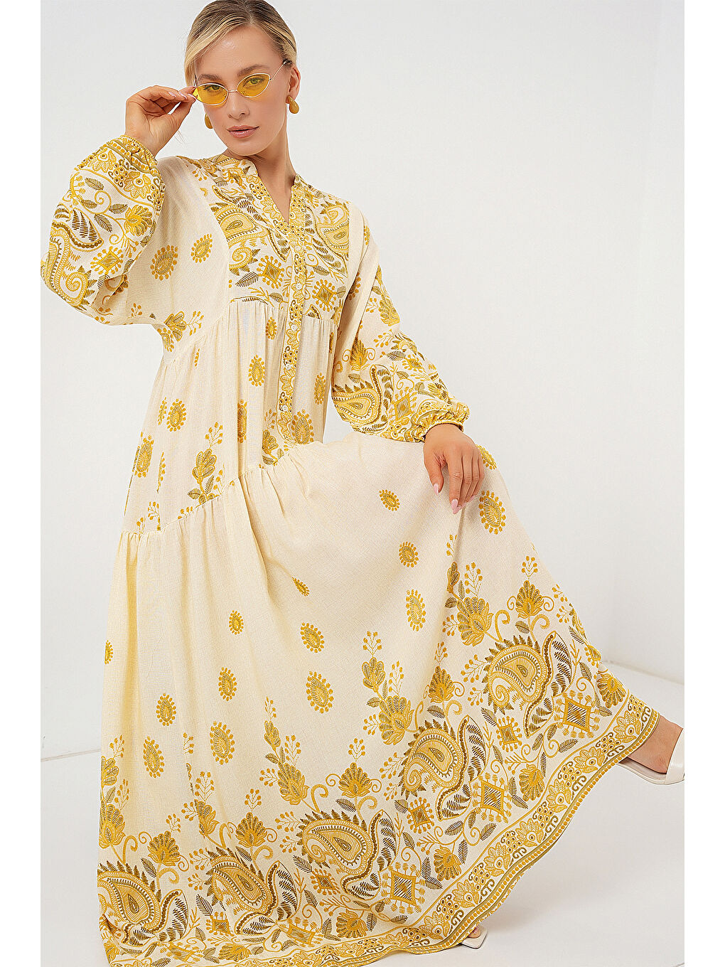 2423 Otantik Desenli Tesettür Elbise - Y.Sarı-1