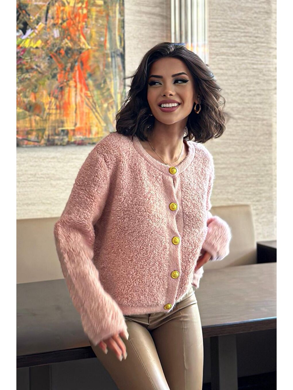 Pembe Düğme Detaylı Pelüş Triko Hırka N-102-1