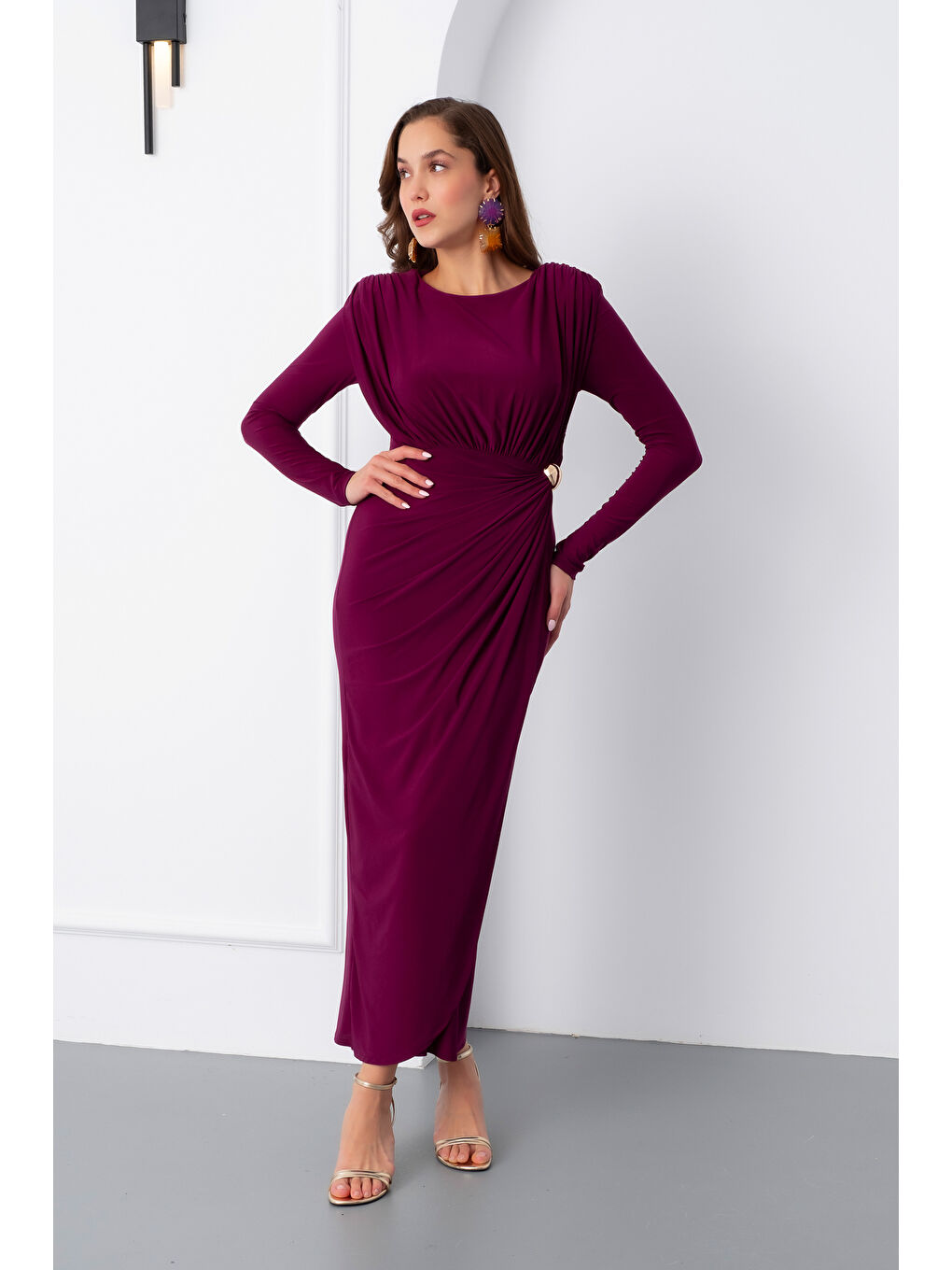Kadın Mürdüm Büzgü Detay Kruvaze Midi Elbise-1