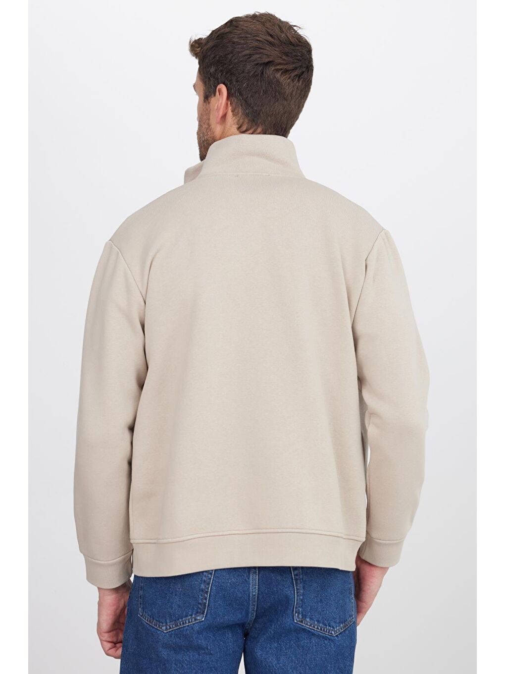 Bej Unisex Relax Fit Rahat Kesim Pamuklu İçi Polarlı Fermuarlı Taş Dik Yaka Flato Cepli Sweatshirt Hırka-6