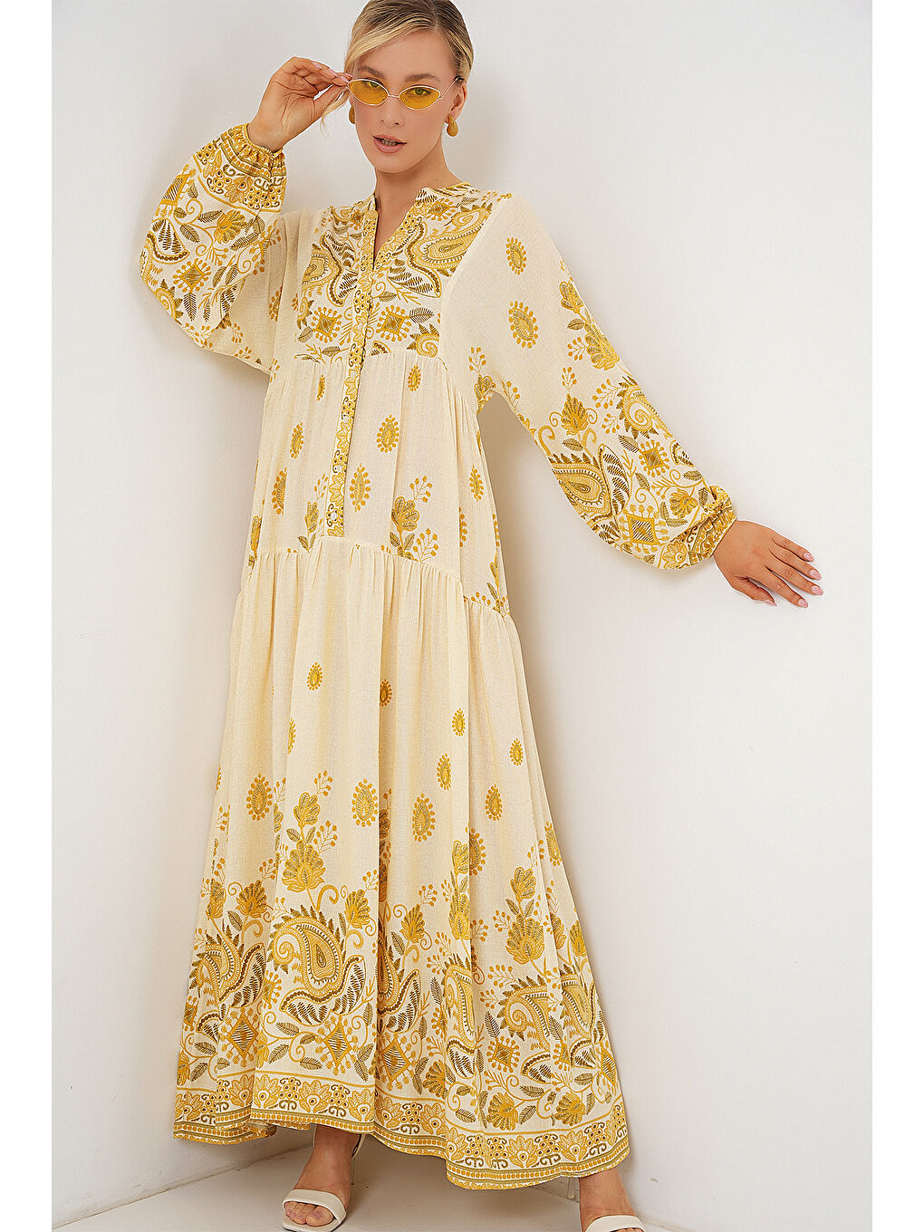 2423 Otantik Desenli Tesettür Elbise - Y.Sarı-2