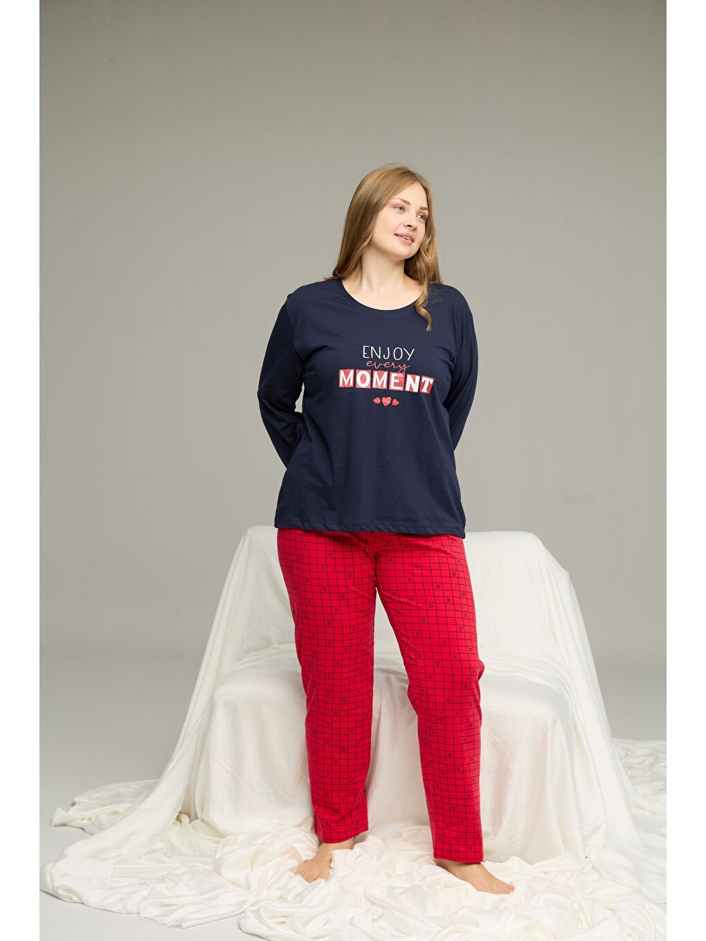 Lacivert Desenli Curve Büyük Beden Battal Boy Pamuklu Pijama Takım25240775-1