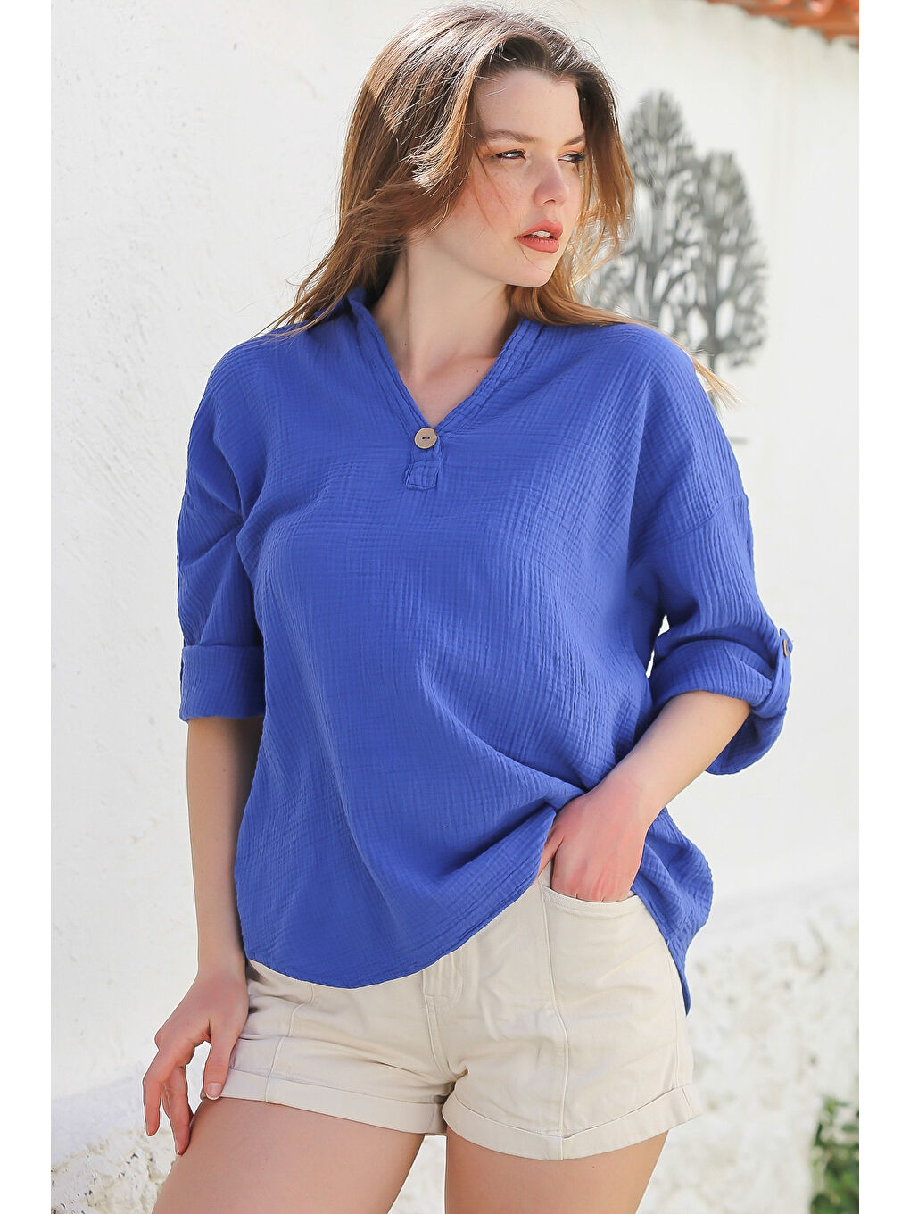 Mavi Çivit Rengi Gömlek Yaka Düğmeli Uzun Kollu Yıkamalı Casual Müslin Dokuma Bluz 70 65-2