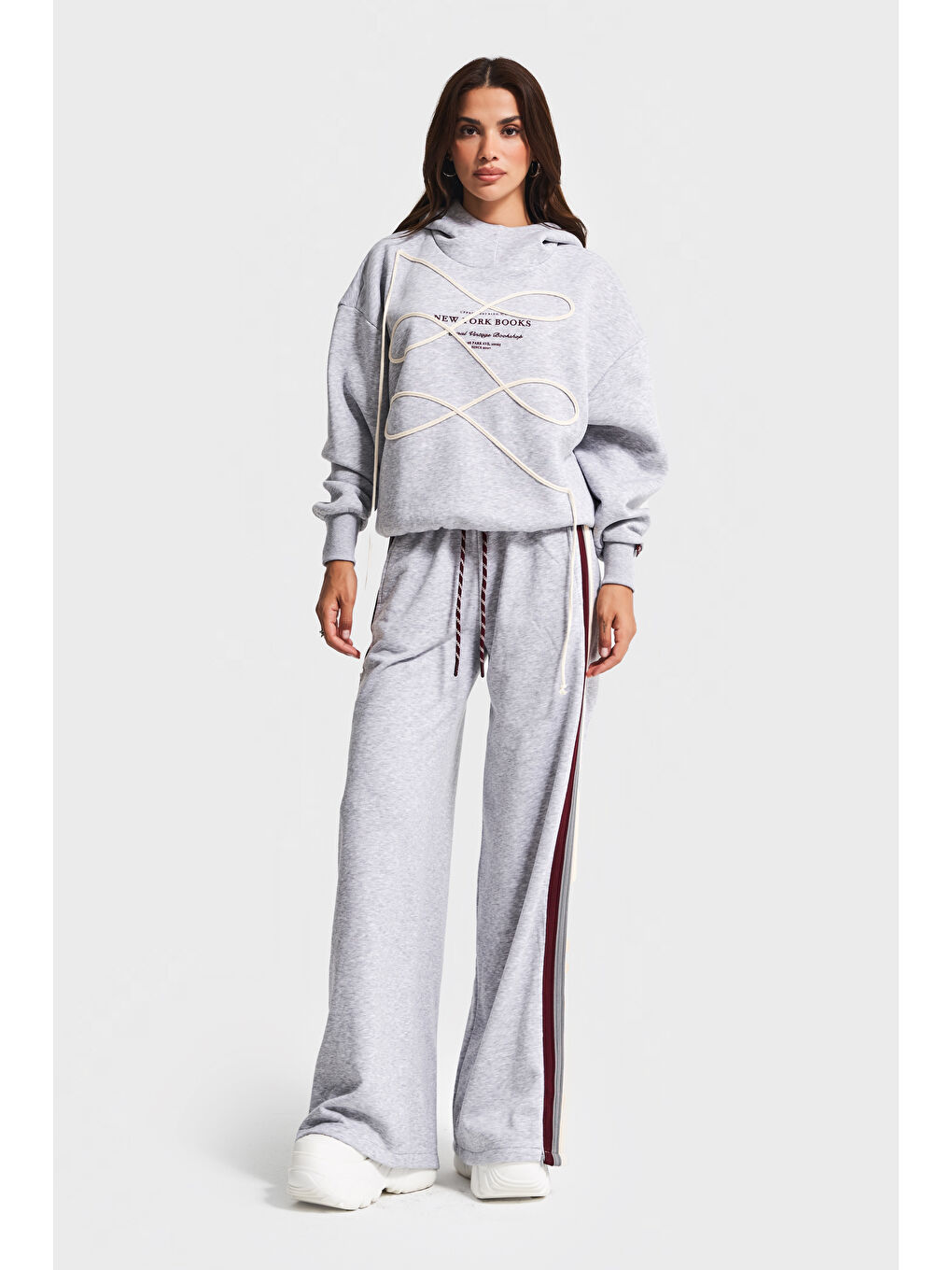 Kadın Gri Renk w5-107 Örme Kumaş Sweatshirt Alt Eşofman 2'li Kombin Tasarım Takım-1