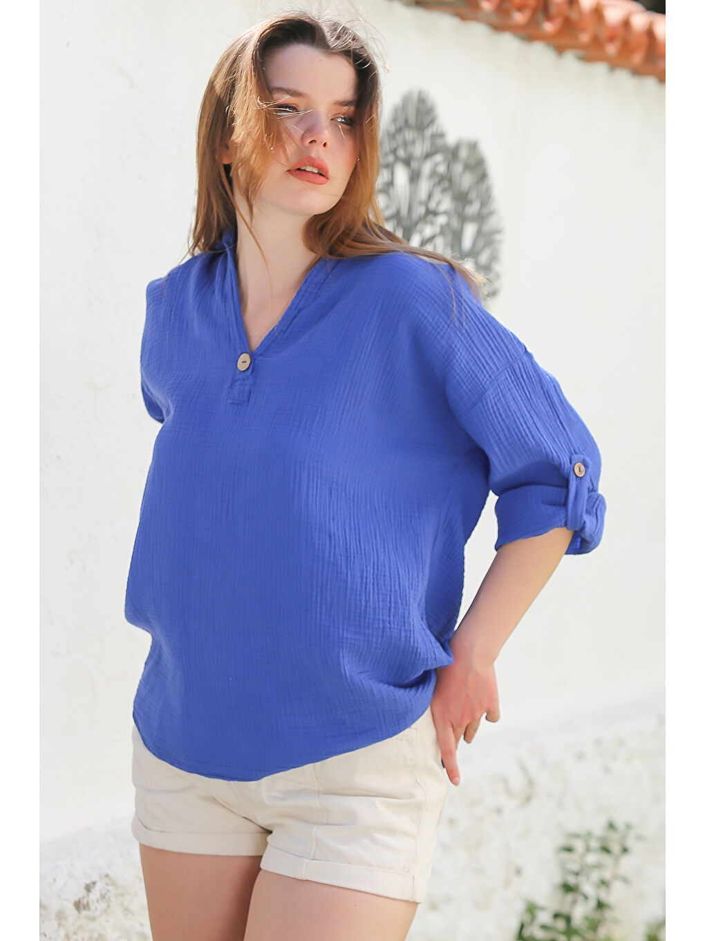 Mavi Çivit Rengi Gömlek Yaka Düğmeli Uzun Kollu Yıkamalı Casual Müslin Dokuma Bluz 70 65-3