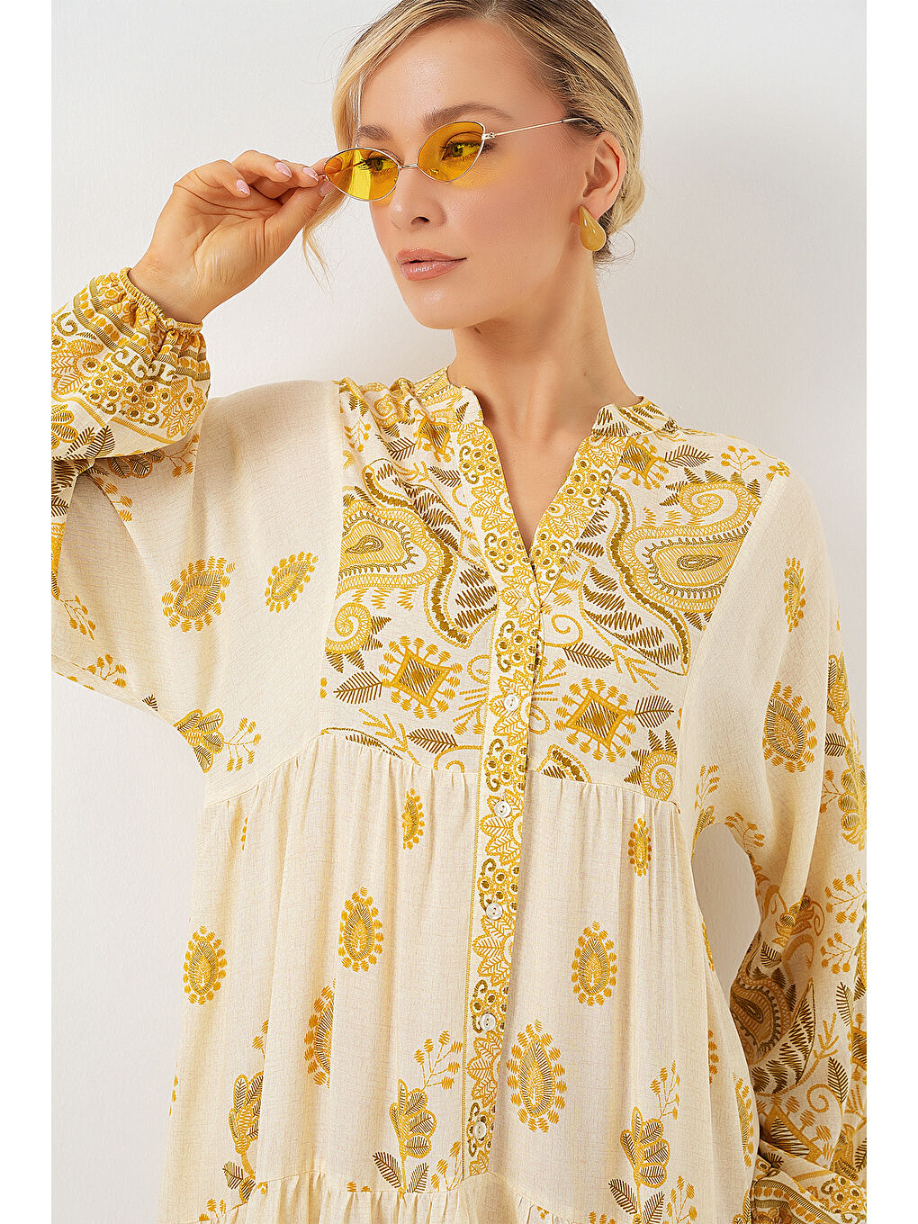 2423 Otantik Desenli Tesettür Elbise - Y.Sarı-3