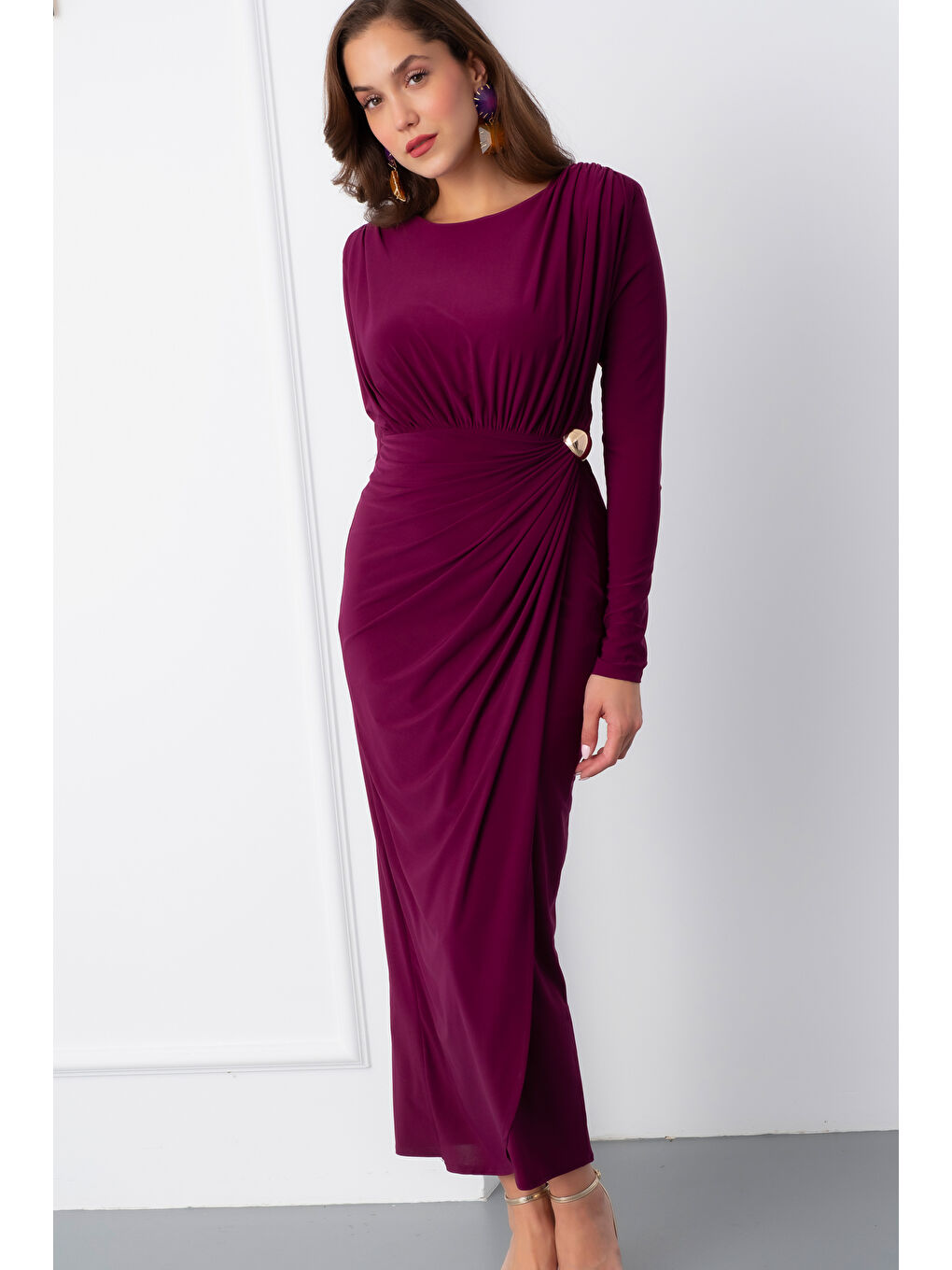 Kadın Mürdüm Büzgü Detay Kruvaze Midi Elbise-2