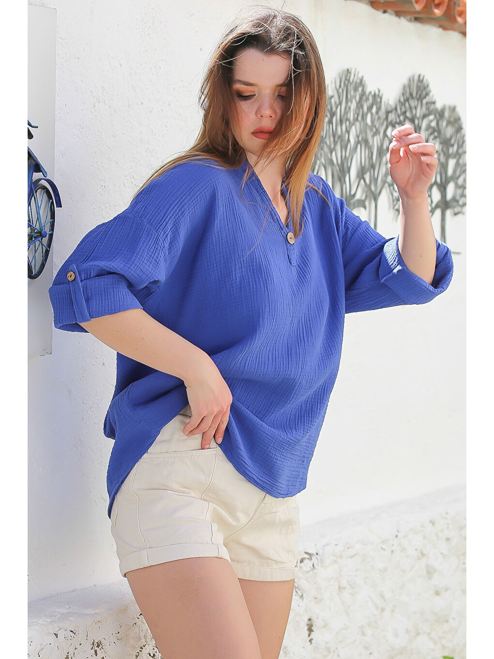 Mavi Çivit Rengi Gömlek Yaka Düğmeli Uzun Kollu Yıkamalı Casual Müslin Dokuma Bluz 70 65-4