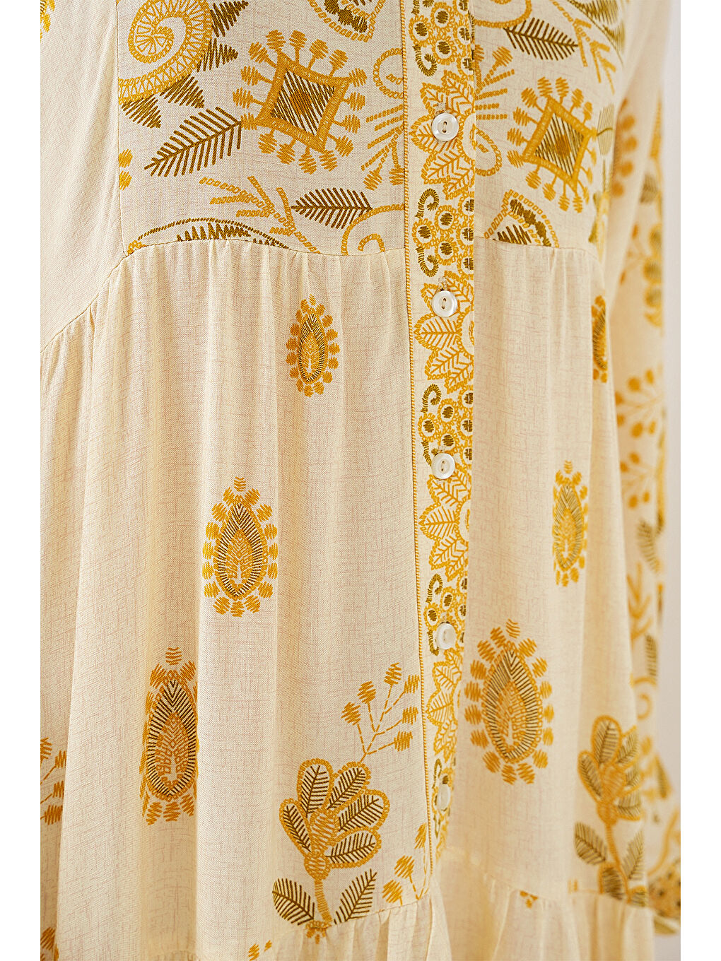 2423 Otantik Desenli Tesettür Elbise - Y.Sarı-4