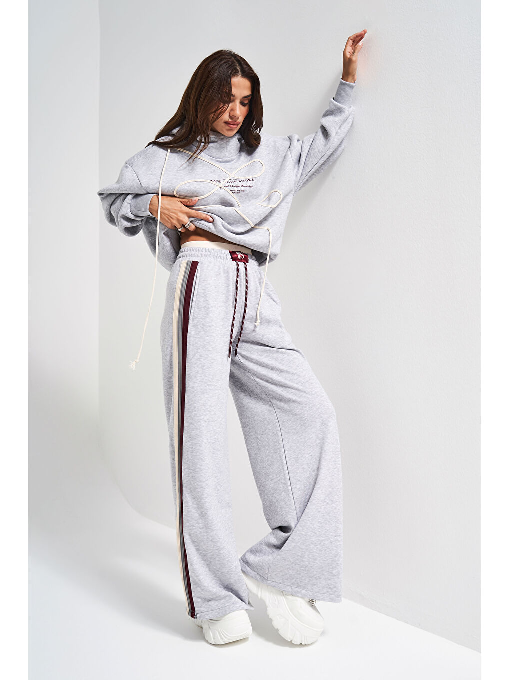 Kadın Gri Renk w5-107 Örme Kumaş Sweatshirt Alt Eşofman 2'li Kombin Tasarım Takım-2