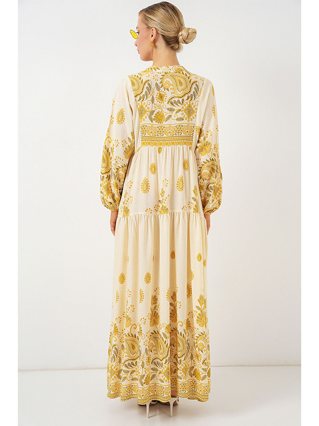 2423 Otantik Desenli Tesettür Elbise - Y.Sarı-5