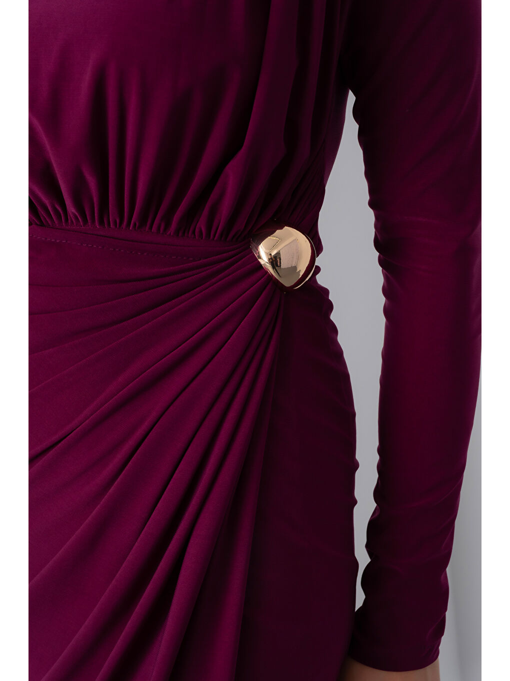 Kadın Mürdüm Büzgü Detay Kruvaze Midi Elbise-3