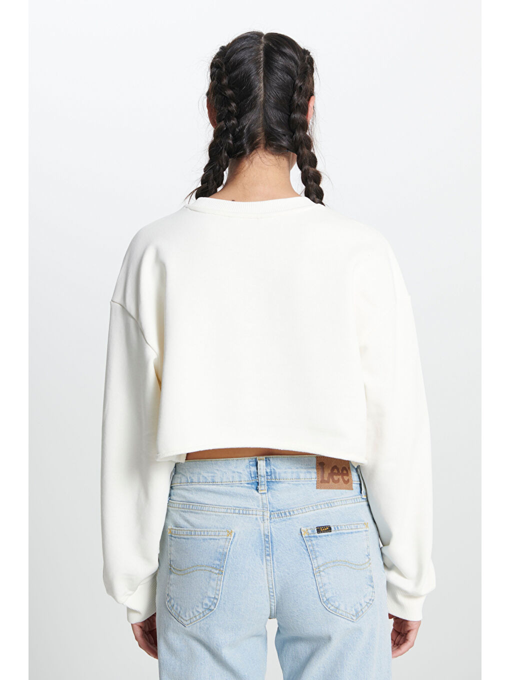 Bisiklet Yaka %100 Pamuk Ekru Crop Sweatshirt-4