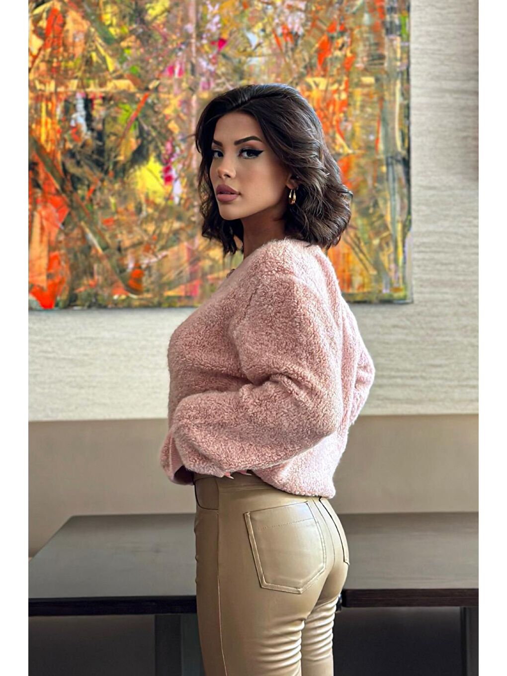 Pembe Düğme Detaylı Pelüş Triko Hırka N-102-2