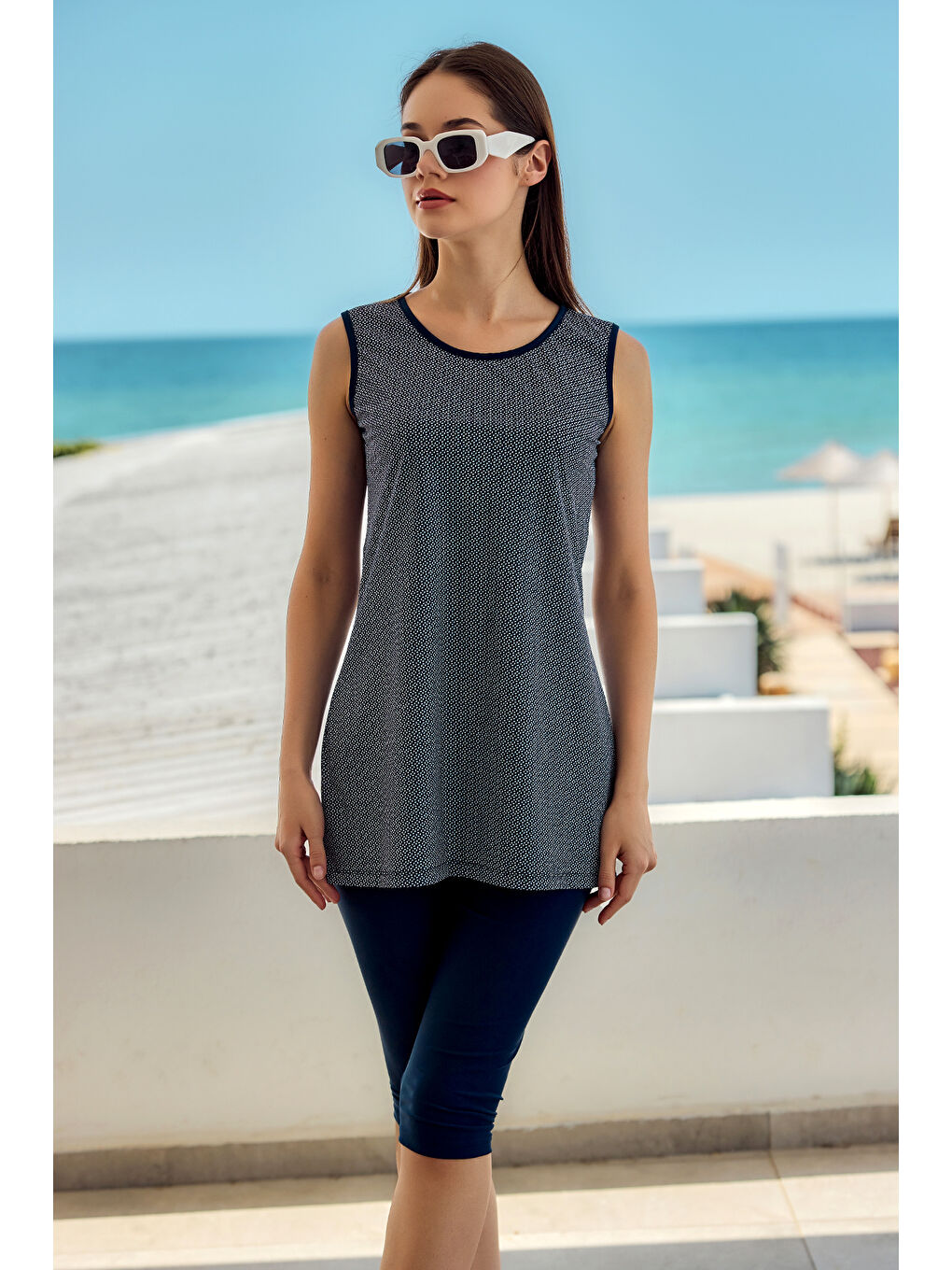 Sıfır Kol Taytlı Yarı Kapalı Mayo Desenli 720-134 Lacivert