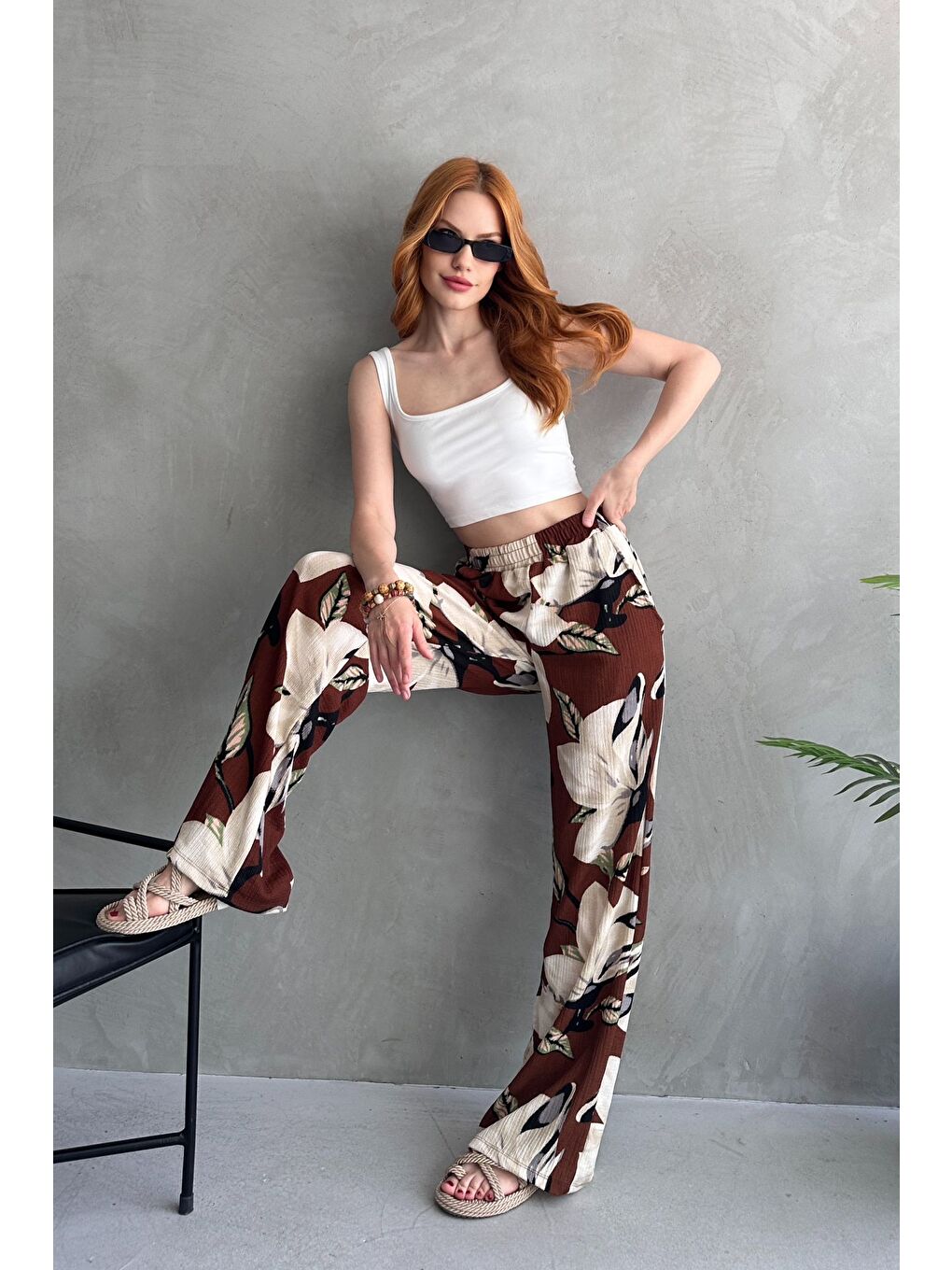 Kahverengi Çiçek Desenli Bol Pantolon Kahve - 27237-2