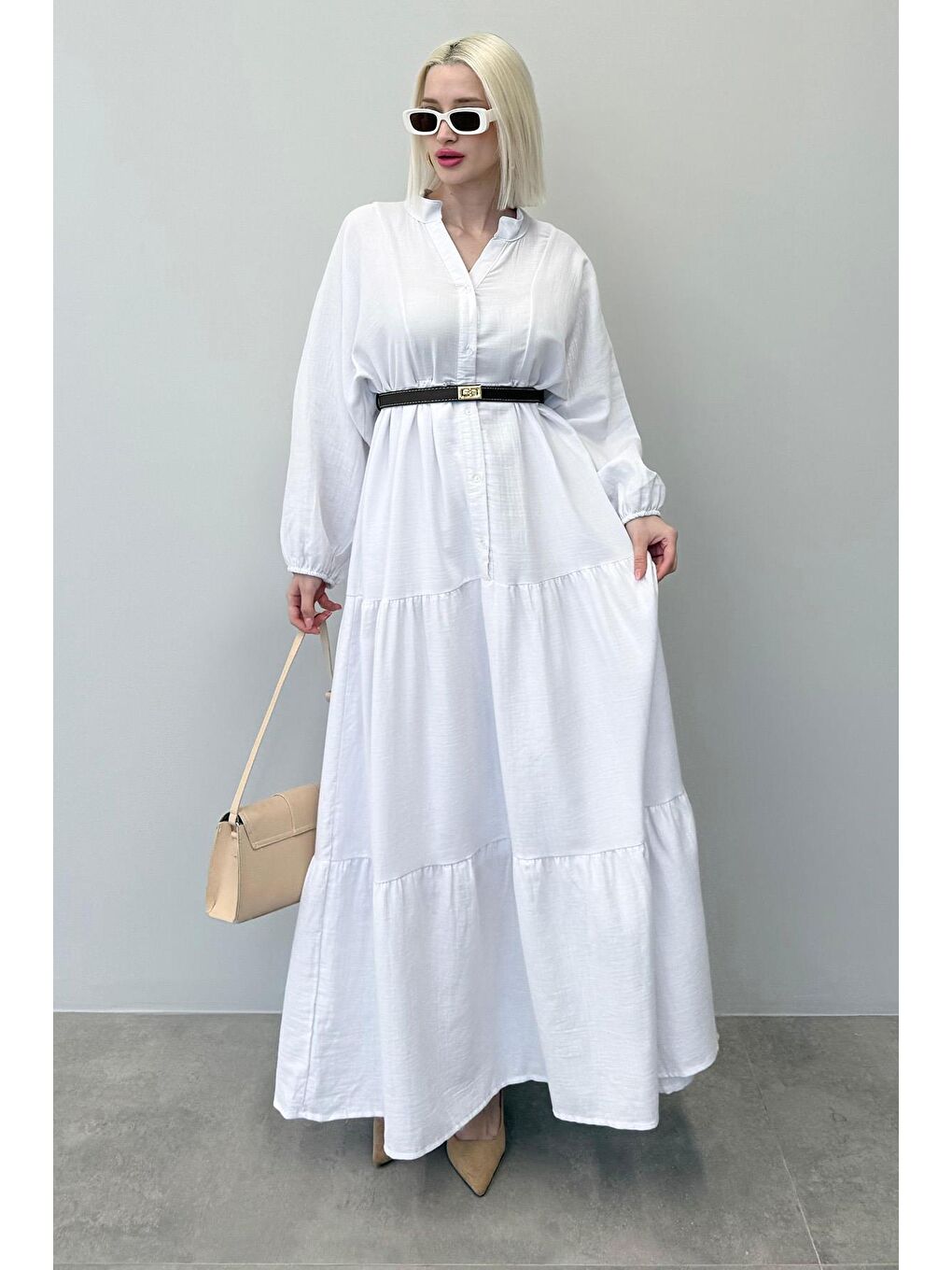 Beyaz Uzun Kollu Düğmeli Elbise Mg2433-1