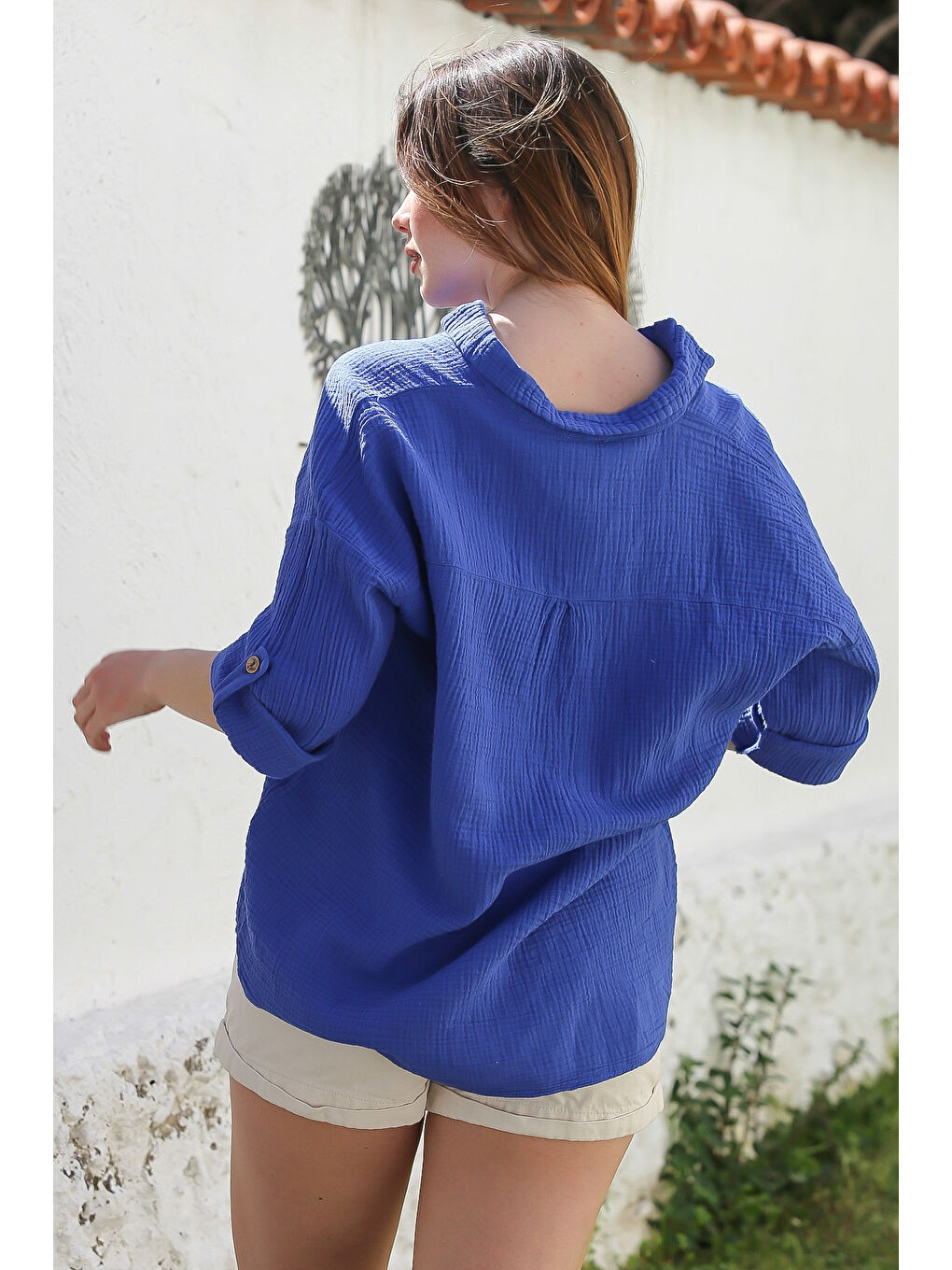 Mavi Çivit Rengi Gömlek Yaka Düğmeli Uzun Kollu Yıkamalı Casual Müslin Dokuma Bluz 70 65-7