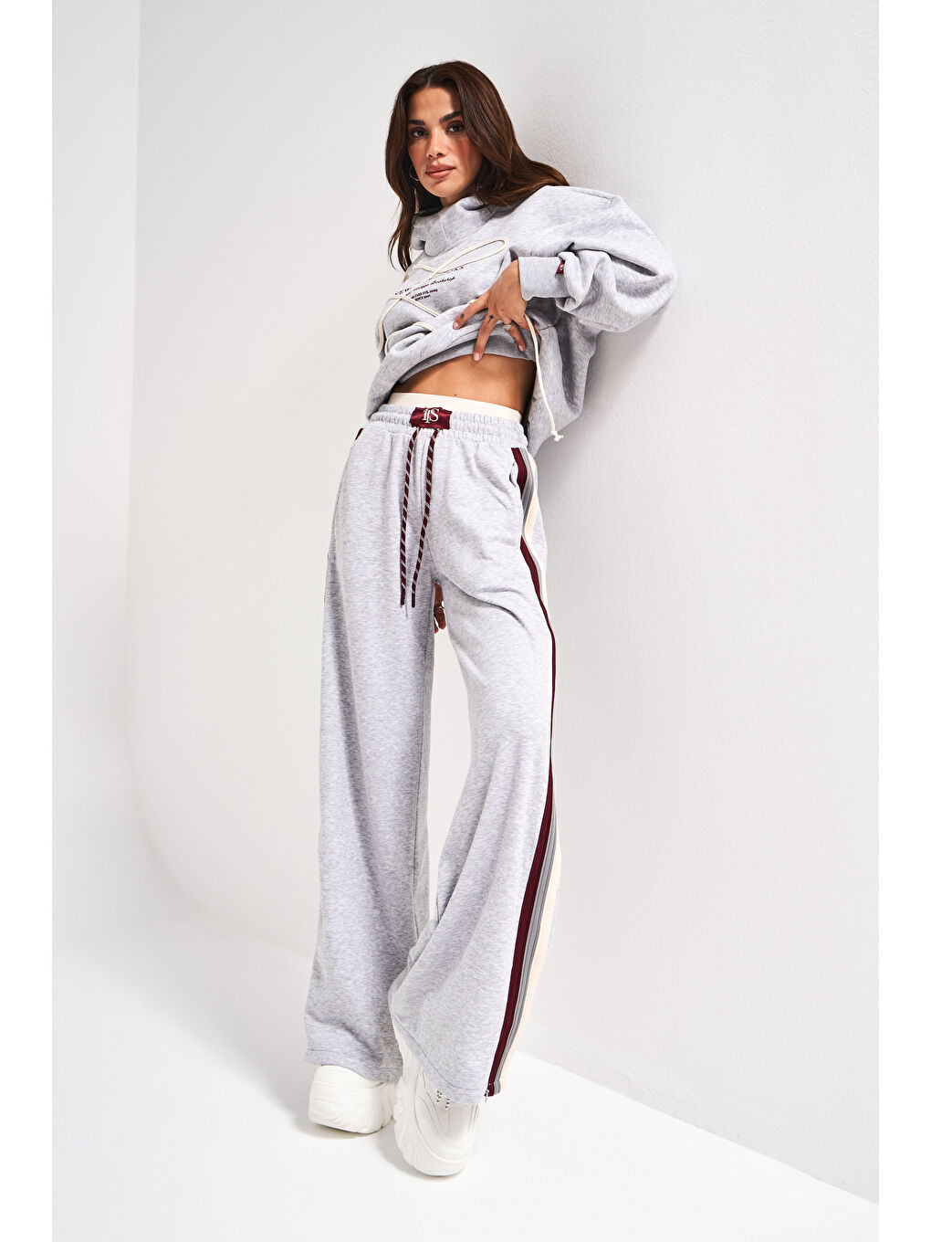 Kadın Gri Renk w5-107 Örme Kumaş Sweatshirt Alt Eşofman 2'li Kombin Tasarım Takım-3