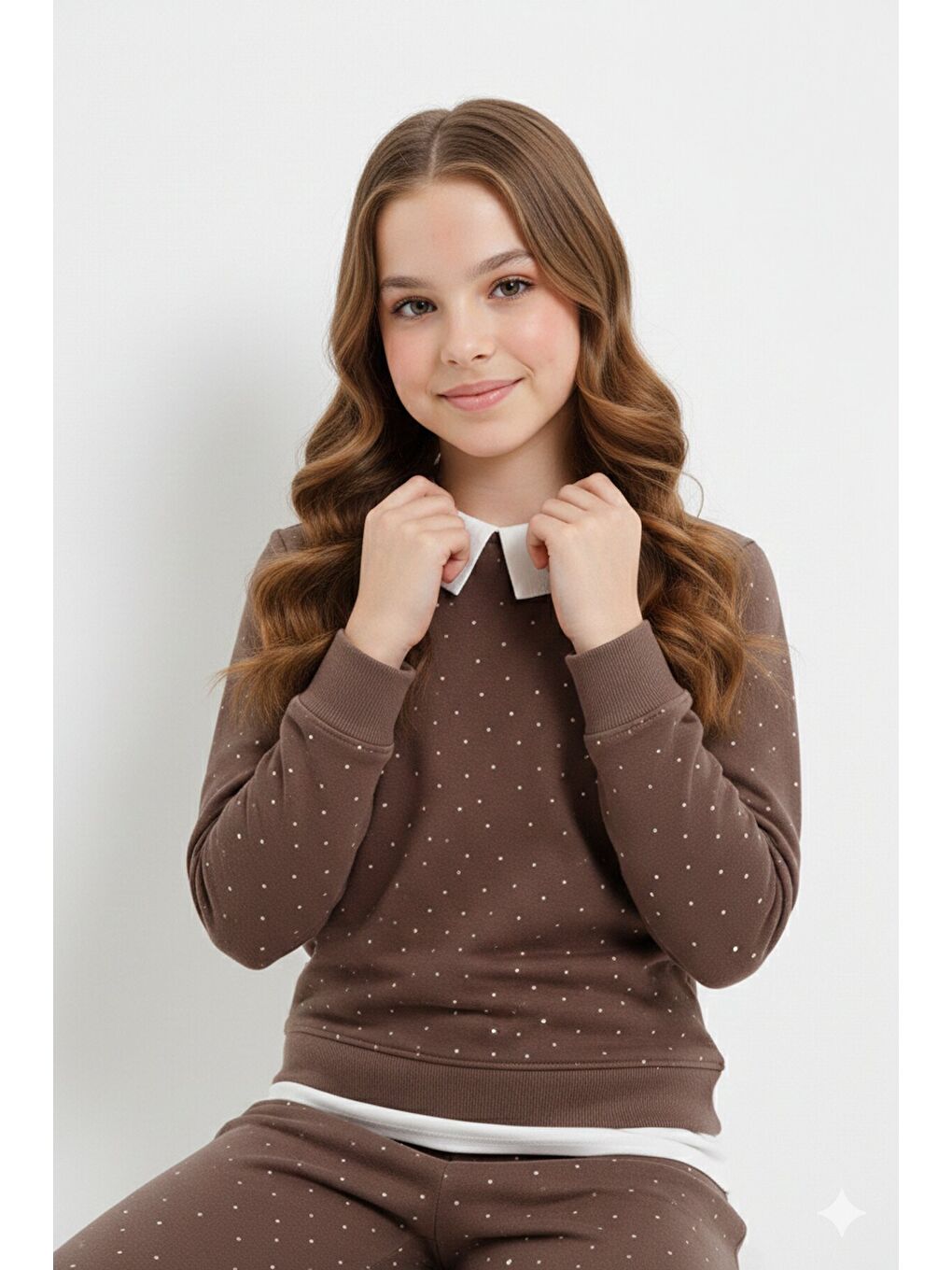 Kahverengi Taş Detaylı Pantolonlu Kız Çocuk 3lü Gömlekli Takım 23626-4