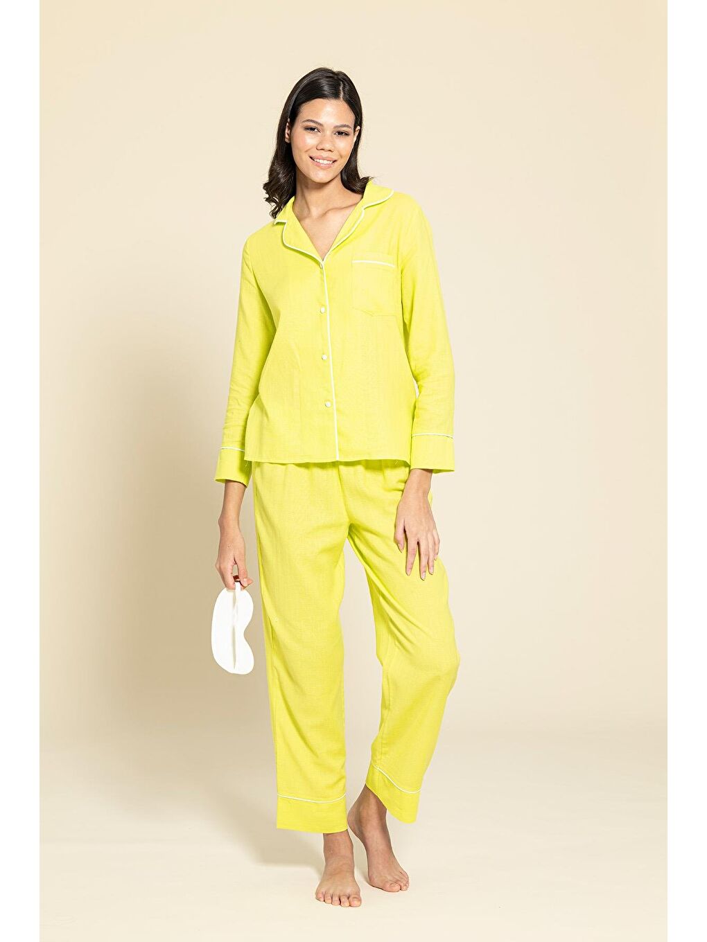 For You Moda Sari 3'Lü Organik Beyaz Biyeli Sarı Pijama Takımı