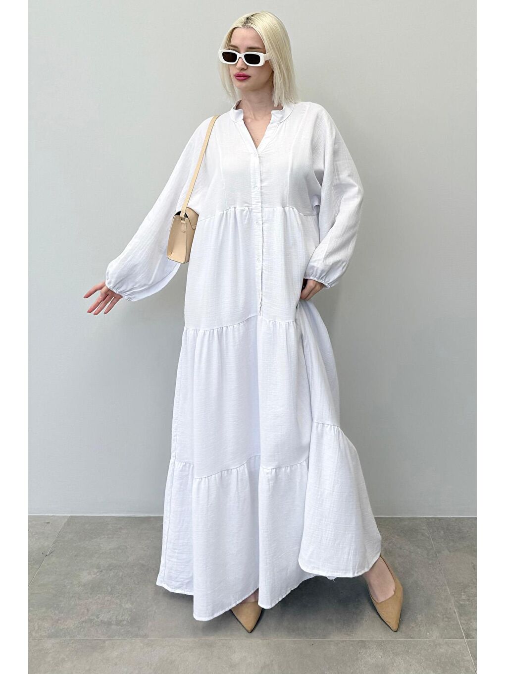 Beyaz Uzun Kollu Düğmeli Elbise Mg2433-2