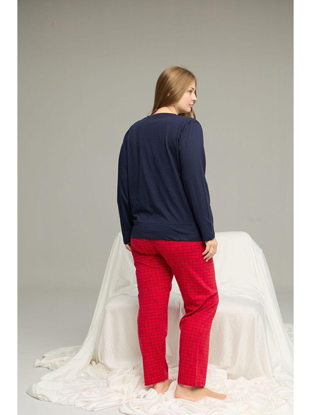 Lacivert Desenli Curve Büyük Beden Battal Boy Pamuklu Pijama Takım25240775-2