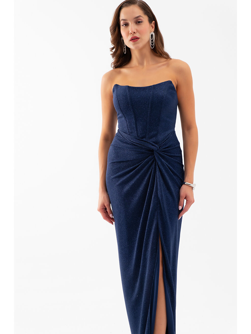 Kadın Lacivert Straplez Simli Örme Abiye Elbise-2