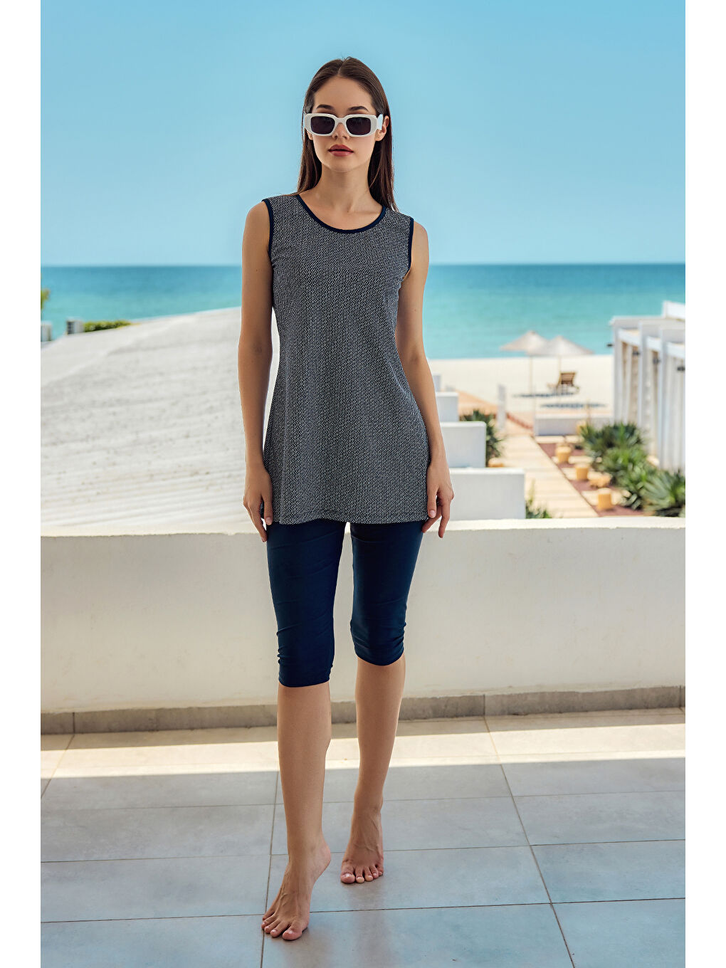 Sıfır Kol Taytlı Yarı Kapalı Mayo Desenli 720-134 Lacivert-1
