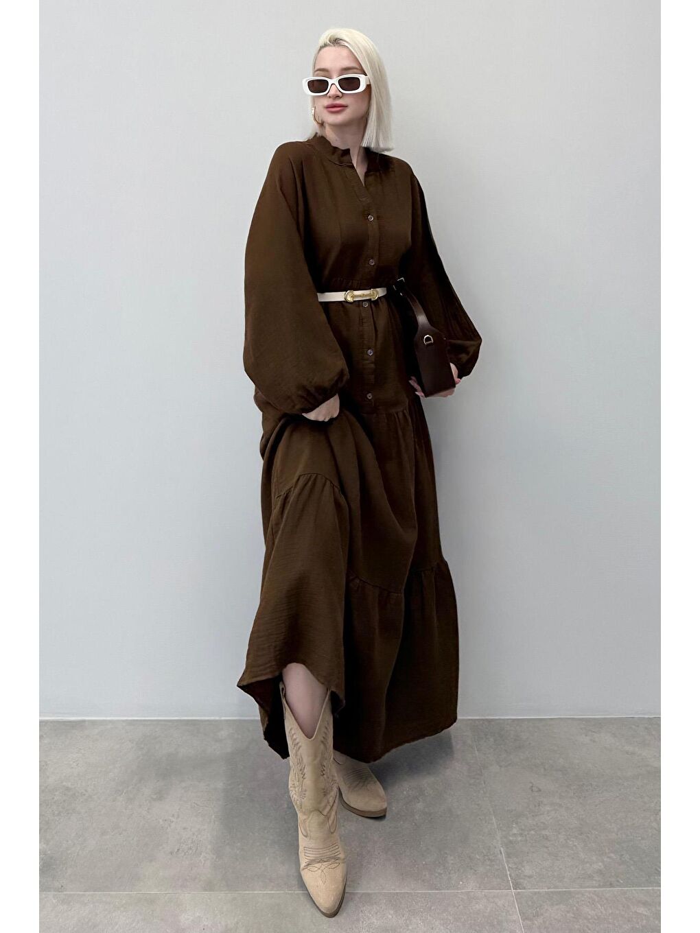 Kahverengi Uzun Kollu Düğmeli Elbise Mg2433-1