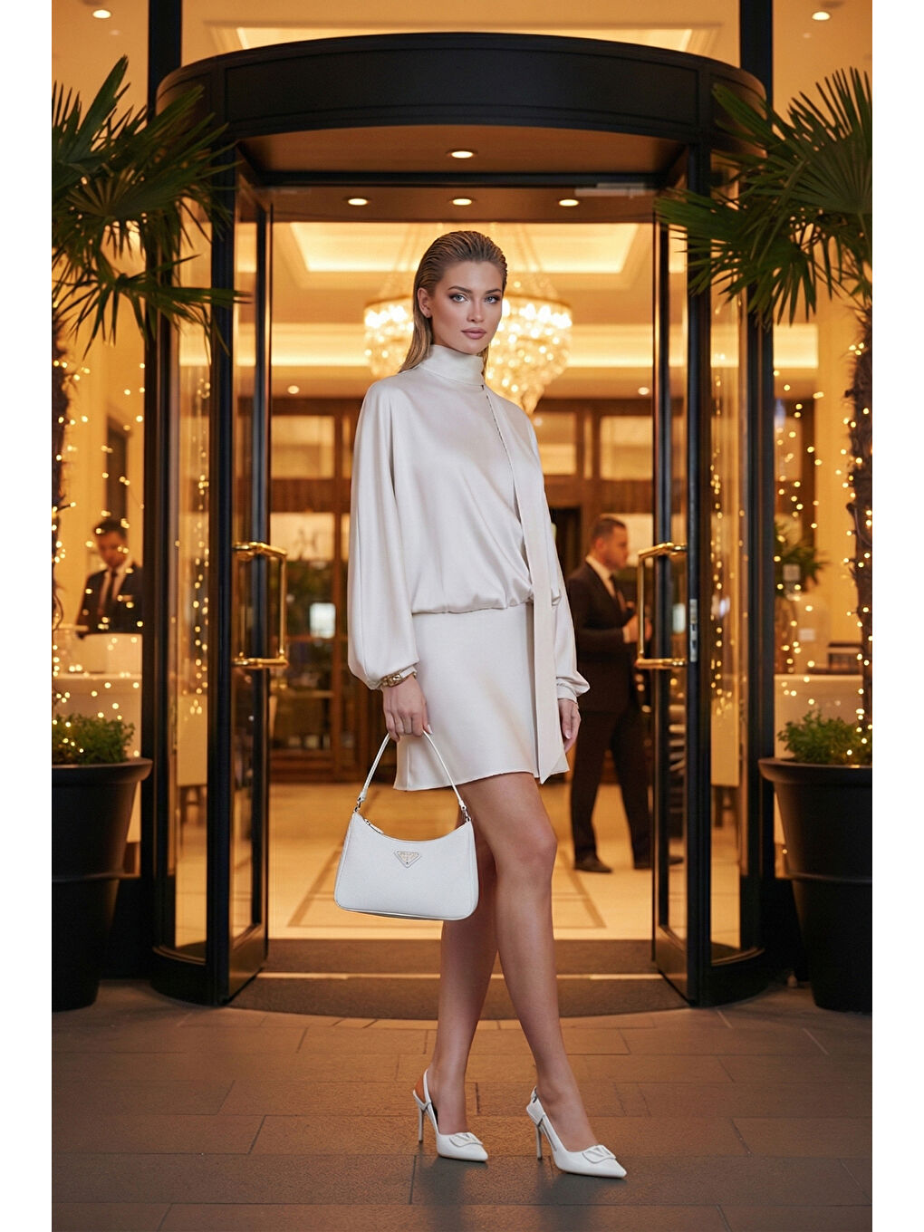 Ekru Standart Fit Bağlamalı Dik Yaka Saten Kadın Elbise 59135520