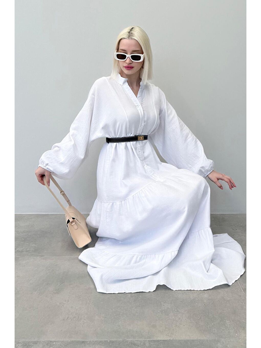 Beyaz Uzun Kollu Düğmeli Elbise Mg2433-3