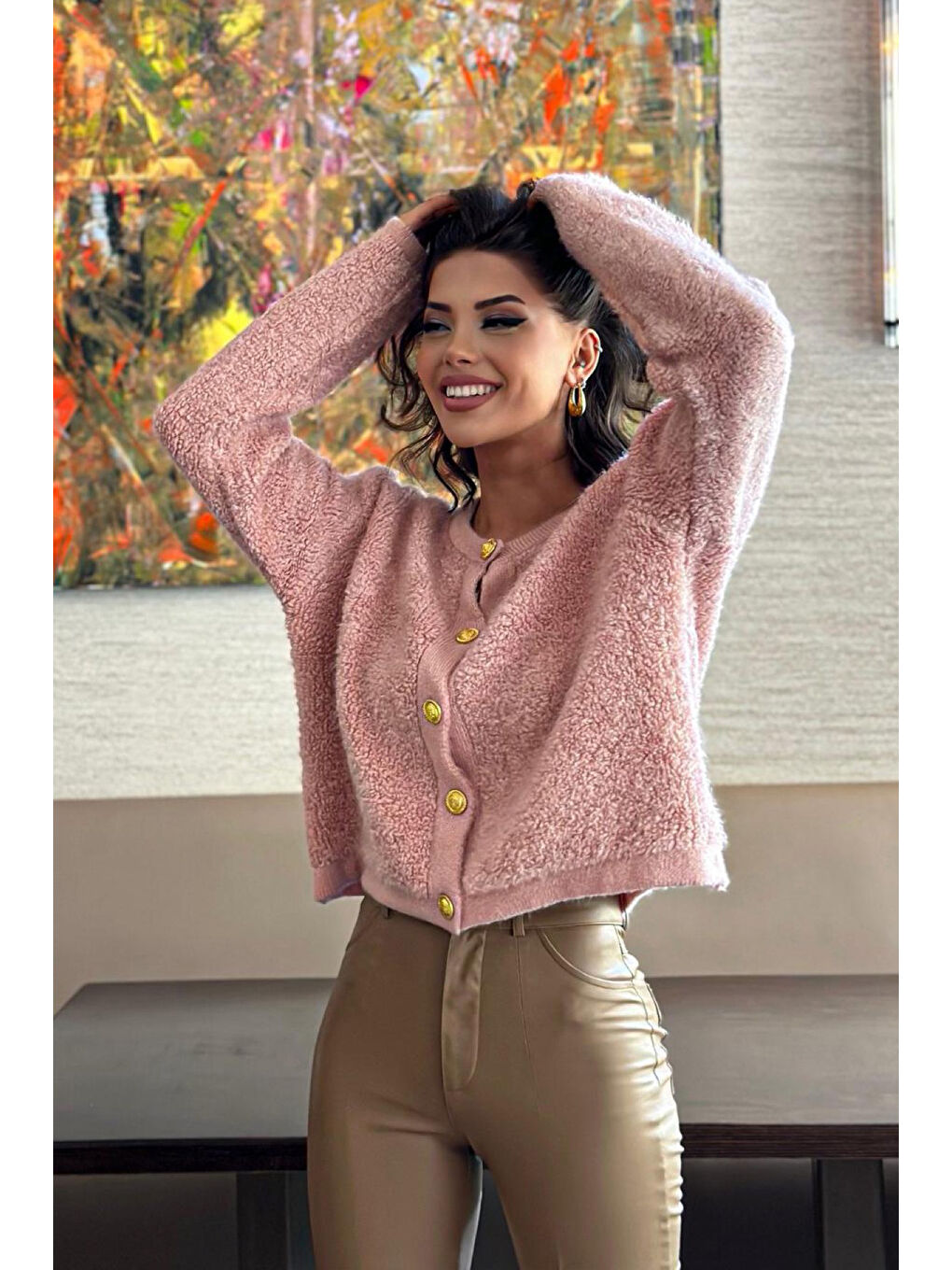 Pembe Düğme Detaylı Pelüş Triko Hırka N-102-3