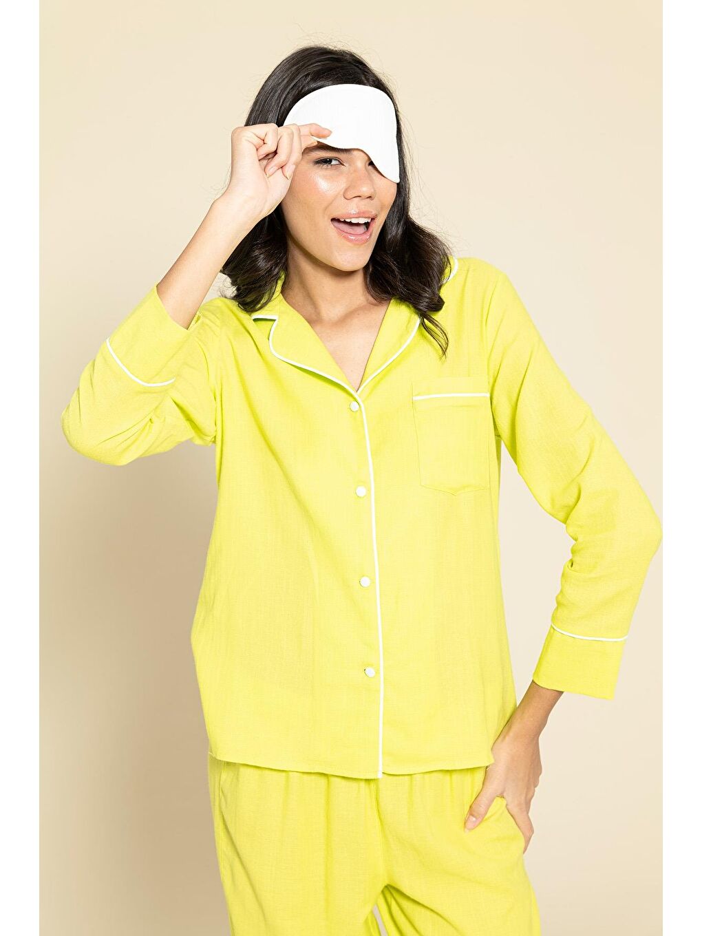 For You Moda Sari 3'Lü Organik Beyaz Biyeli Sarı Pijama Takımı - 1