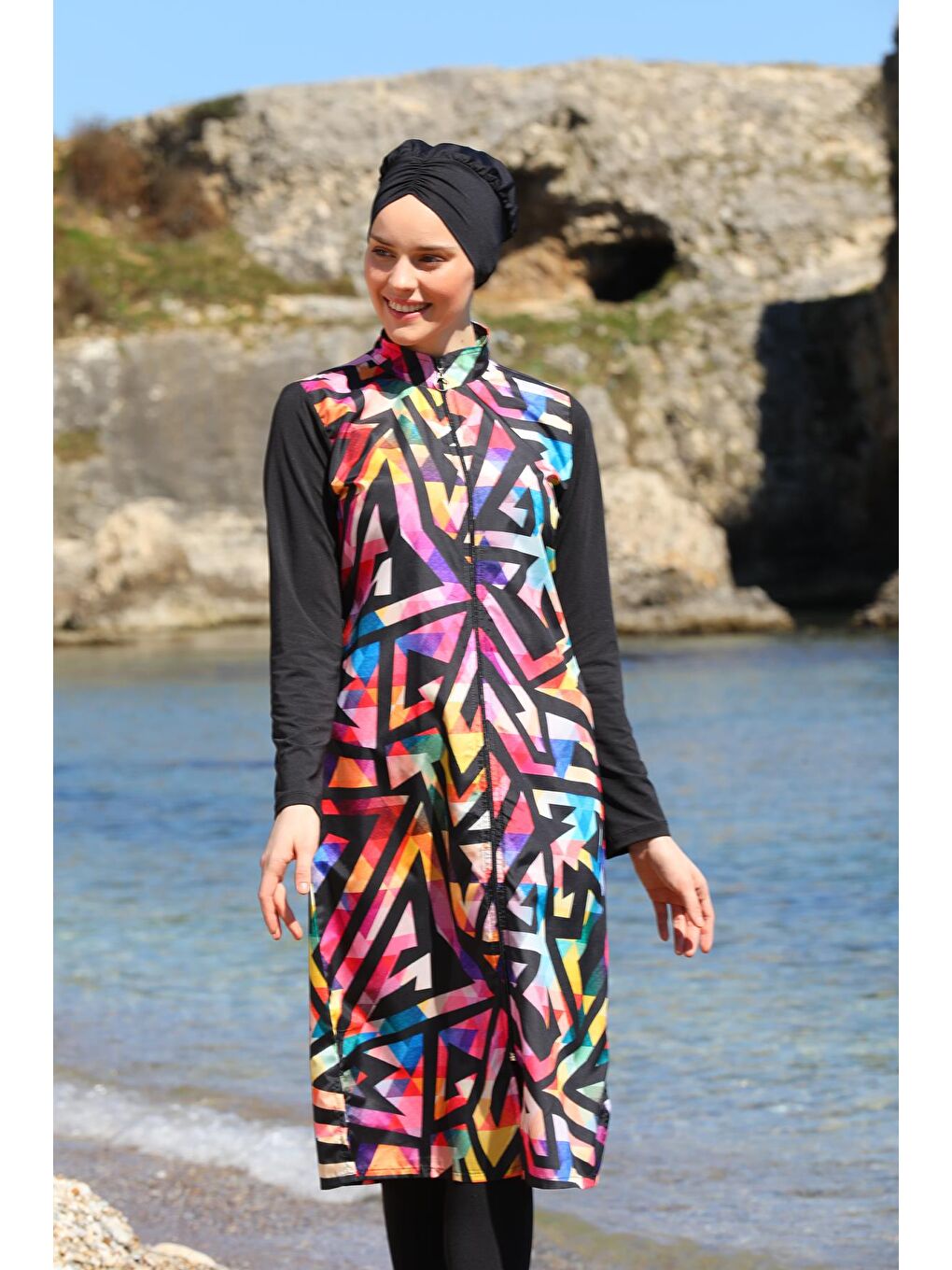 Siyah Dijital Baskılı Uzun Jile Model Kapalı Tesettür Mayo 3484-4