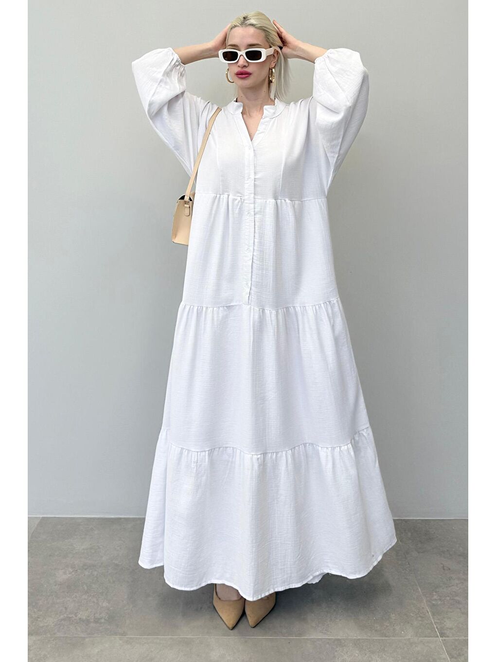 Beyaz Uzun Kollu Düğmeli Elbise Mg2433-4