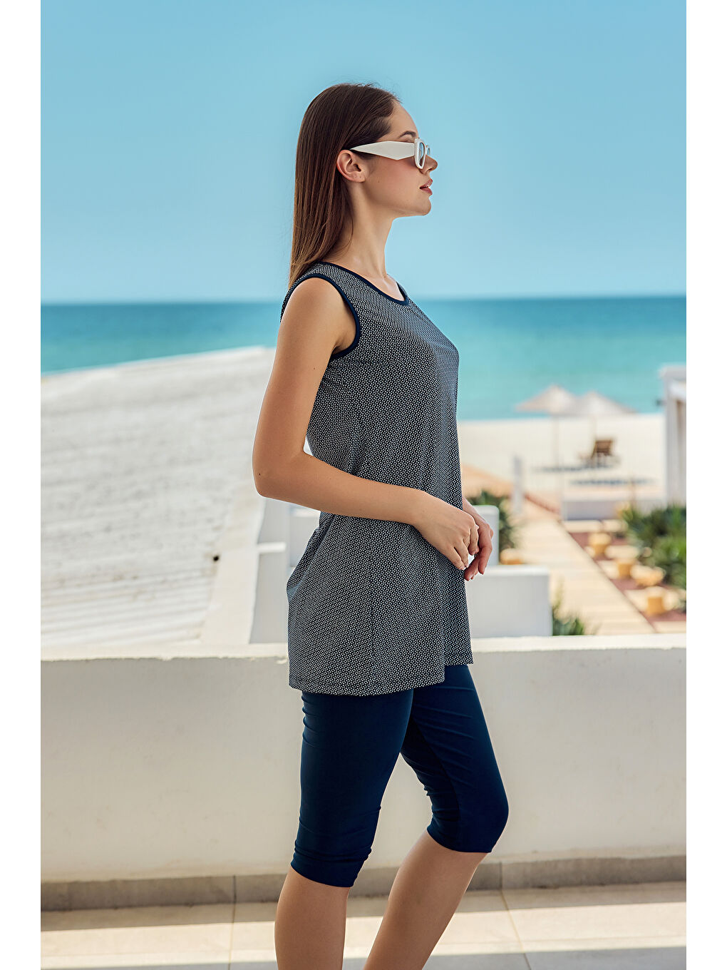 Sıfır Kol Taytlı Yarı Kapalı Mayo Desenli 720-134 Lacivert-2