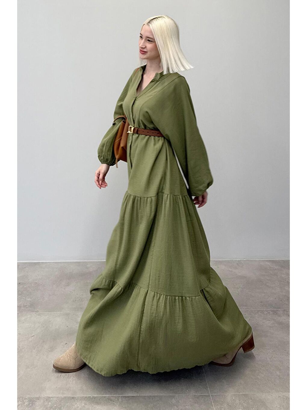 Haki Uzun Kollu Düğmeli Elbise Mg2433