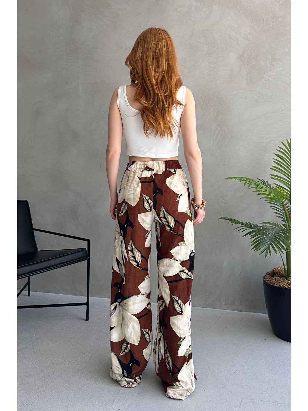 Kahverengi Çiçek Desenli Bol Pantolon Kahve - 27237-4