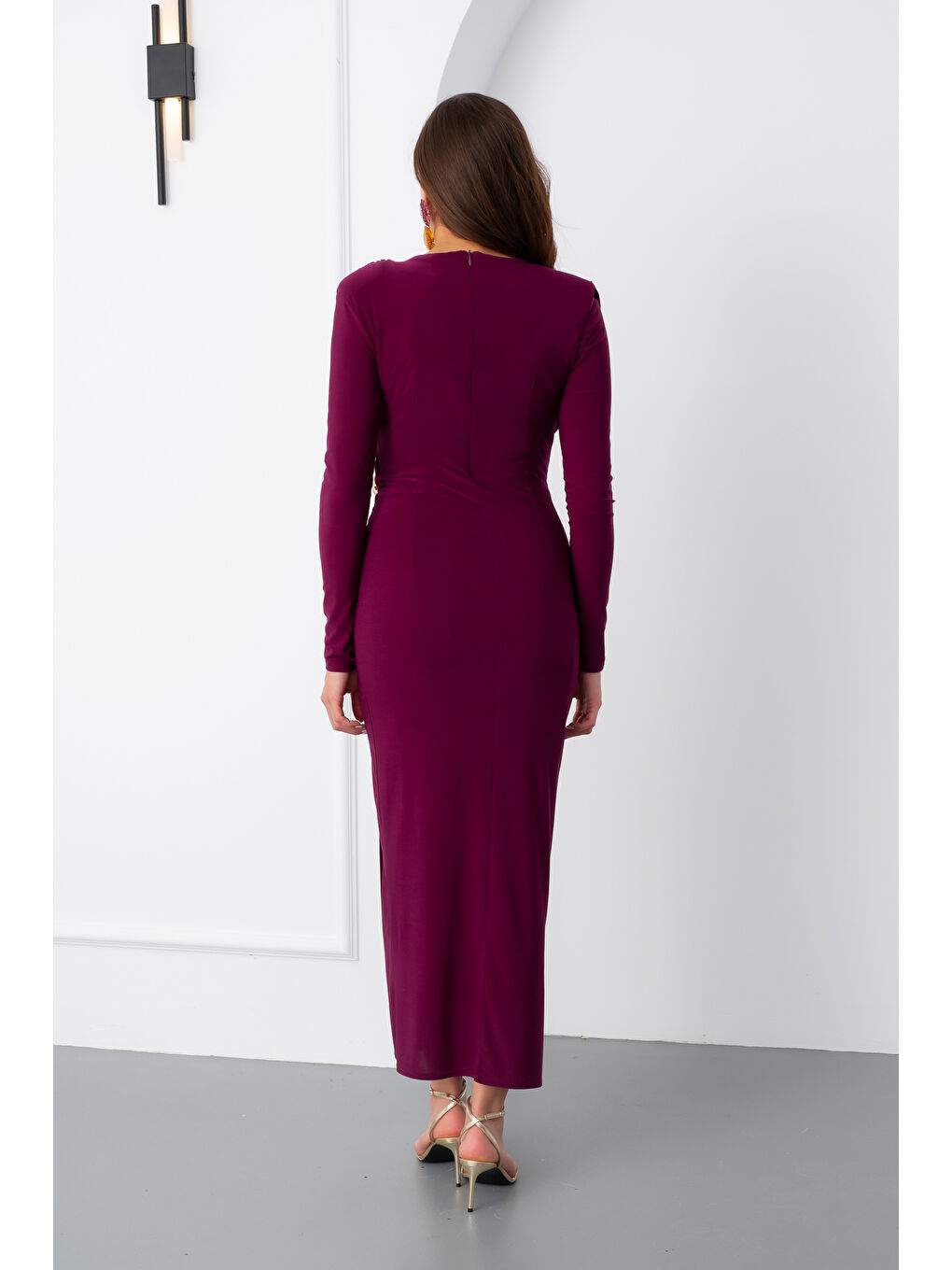 Kadın Mürdüm Büzgü Detay Kruvaze Midi Elbise-5