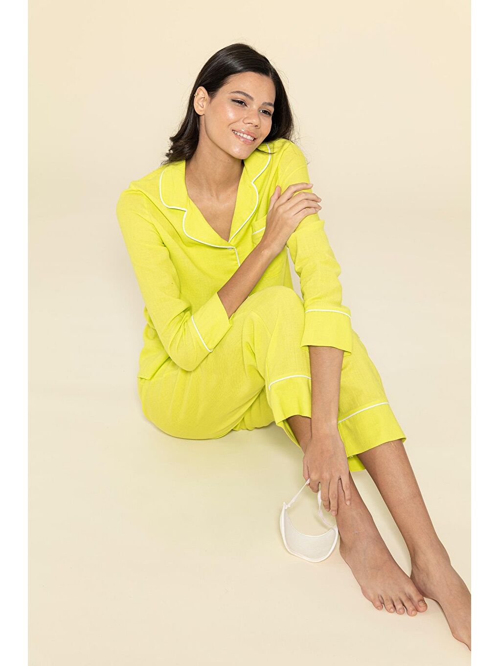 For You Moda Sari 3'Lü Organik Beyaz Biyeli Sarı Pijama Takımı - 2