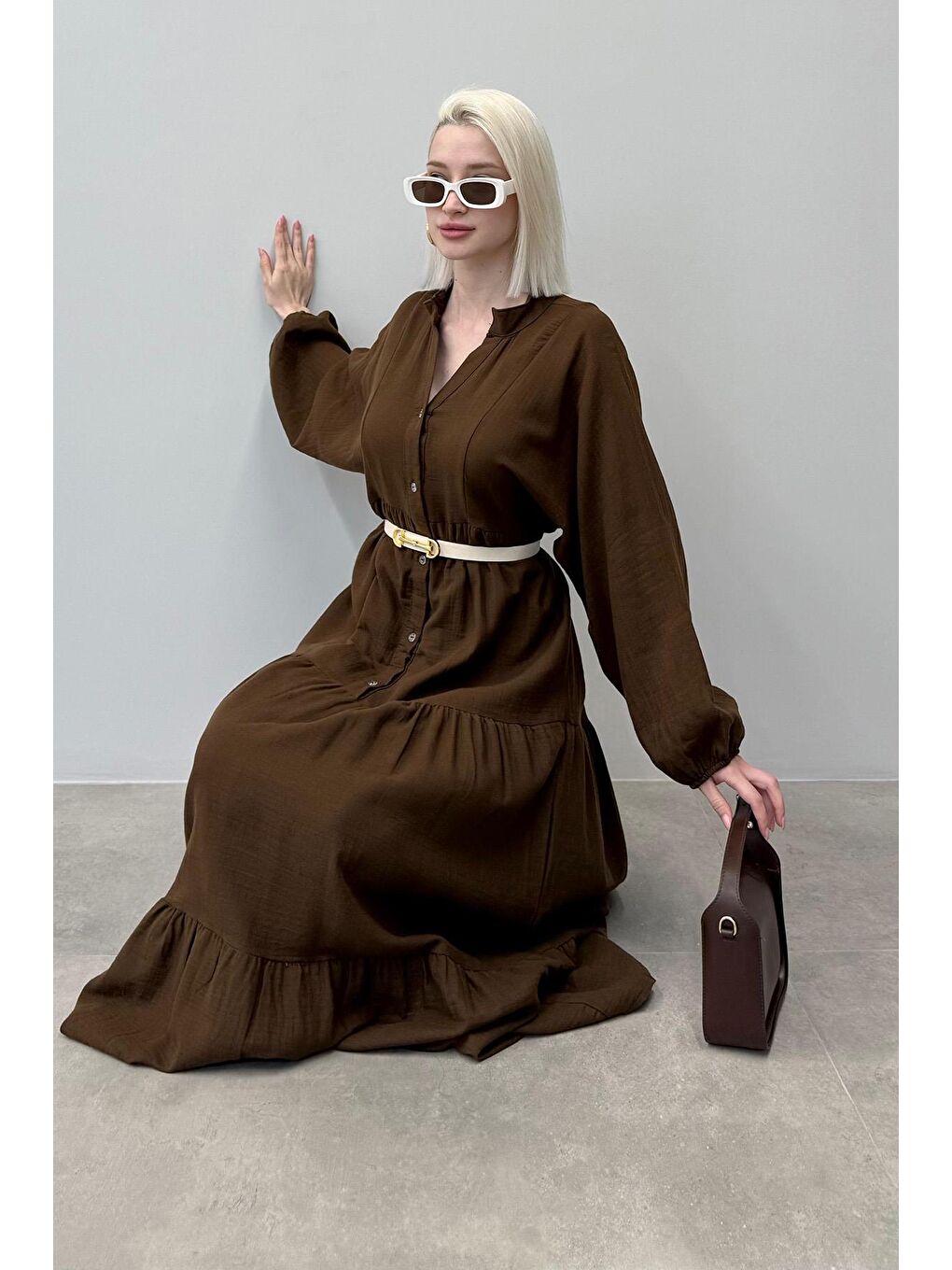 Kahverengi Uzun Kollu Düğmeli Elbise Mg2433-2