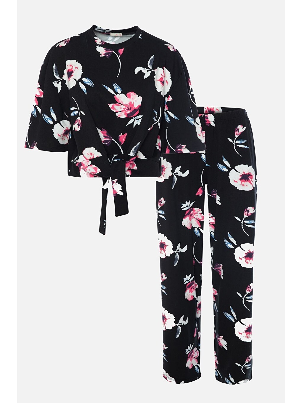Siyah Kadın Pamuklu Önden Bağlamalı Crop Tişört Pijama Takımı