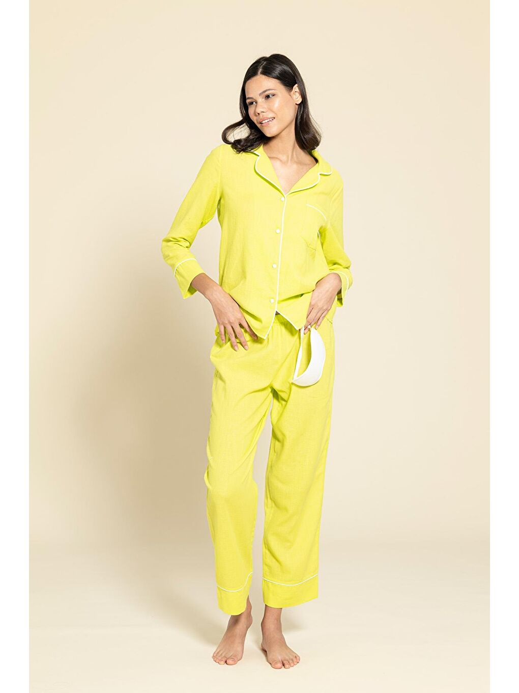 For You Moda Sari 3'Lü Organik Beyaz Biyeli Sarı Pijama Takımı - 3