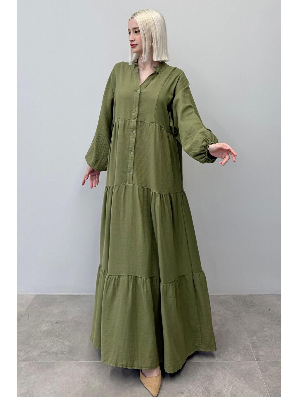 Haki Uzun Kollu Düğmeli Elbise Mg2433-1